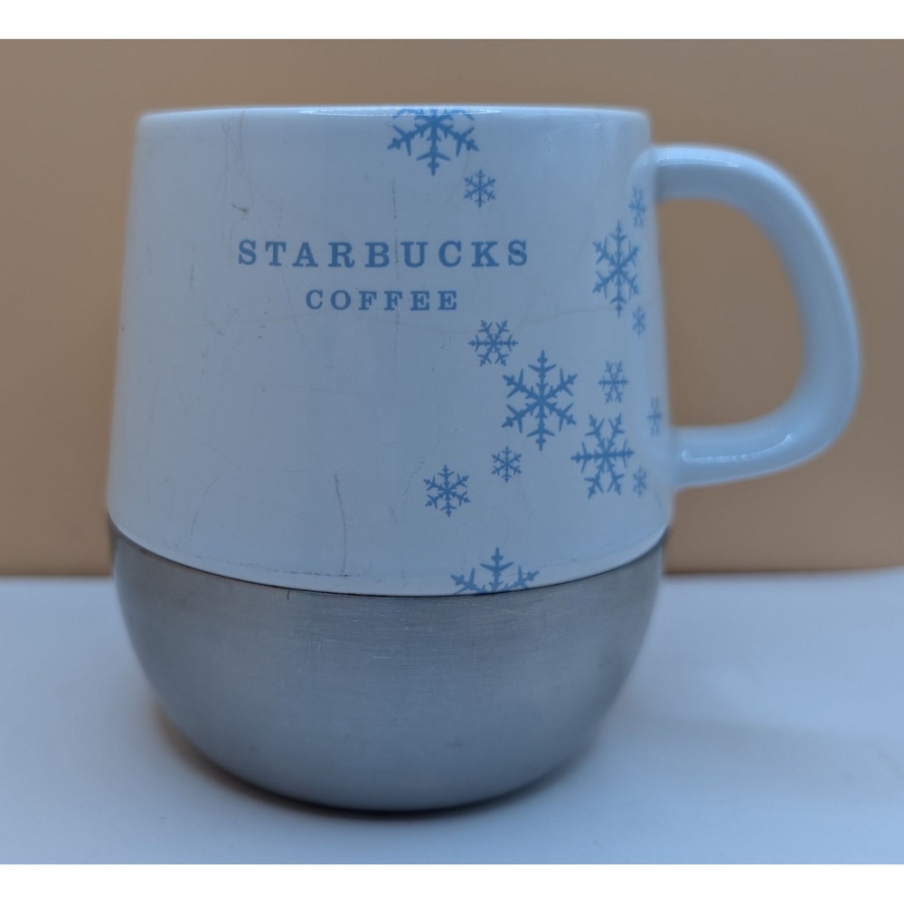 Starbucks 2007 Holiday Snowflake Mug Ceramic Stainless Steel Base 14oz Blue